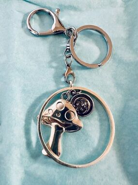 Hand Crafted Silver Mushroom Keychain with Crescent Moon Charm